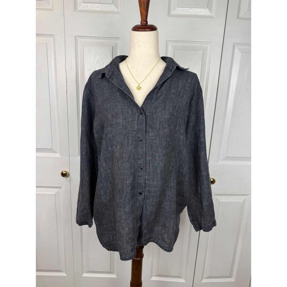 Eileen Fisher Organic Linen Button-Up Shirt Charcoal Gray Long Sleeve L